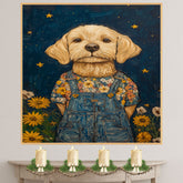 Golden Dog Wall Art Wearing Floral Overalls Whimsical Animal Nursery Decor Farmhouse Bedroom Wall Art Country Cottage Room Decor Gift for Dog Lovers on Ready to Hang 1.5" Thick Canvas Wrap, Floating Framed Canvas, Flat Rolled Canvas